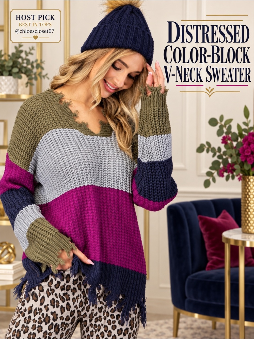 Distressed Color Block V-Neck Sweater HOST PICK! NEW